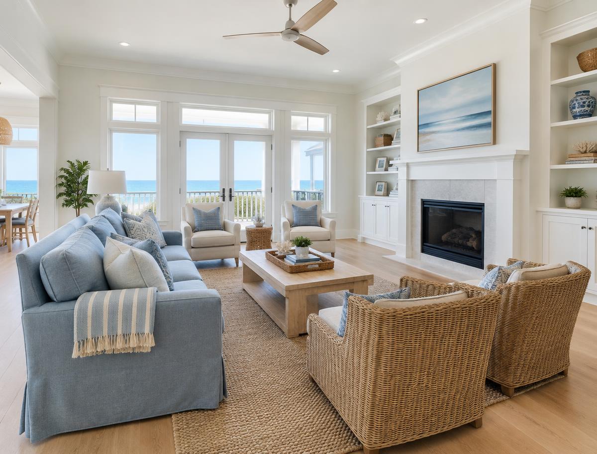 Coastal living room with warm white walls and crisp trim