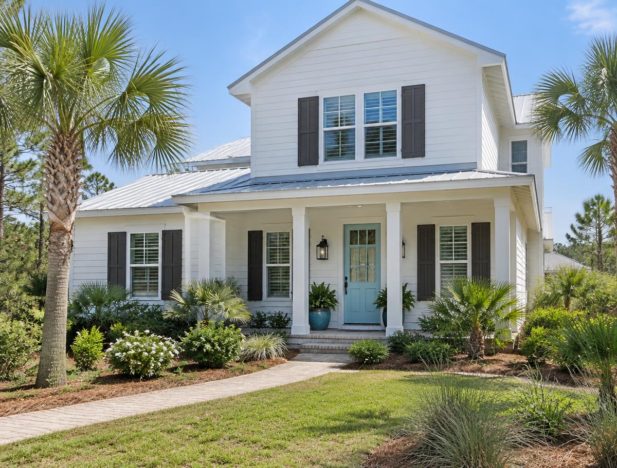Florida coastal home with white siding and blue front door