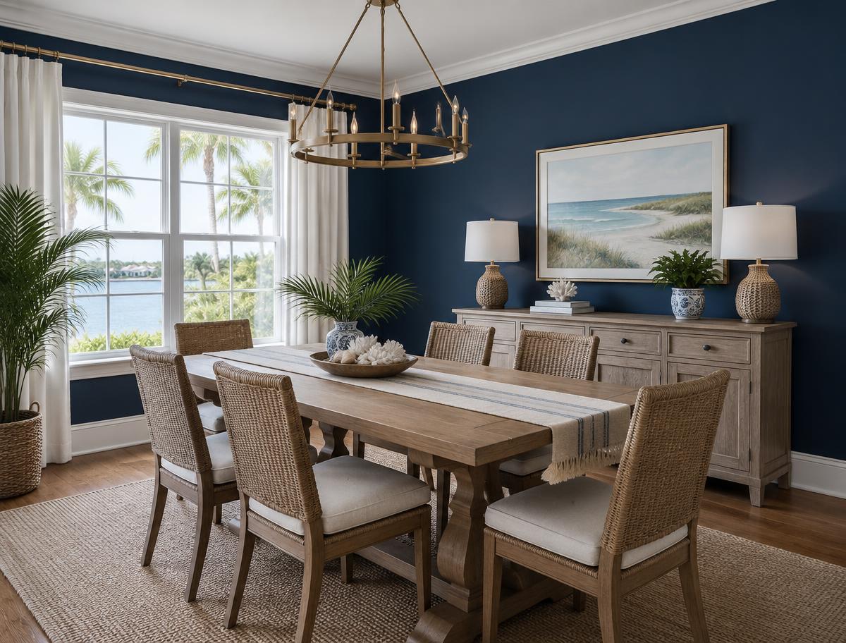 Dining room with deep blue painted walls and white trim