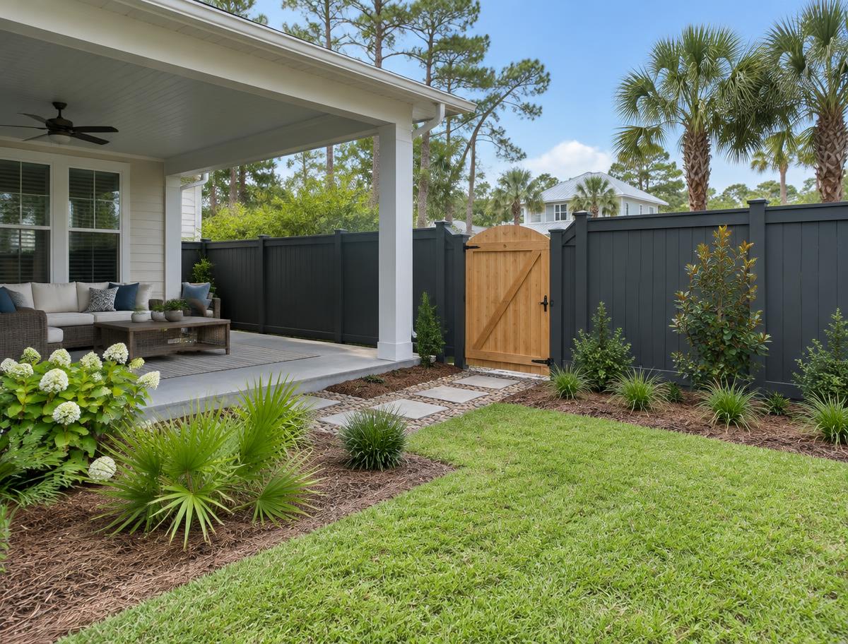 Charcoal painted fence surrounding a covered patio