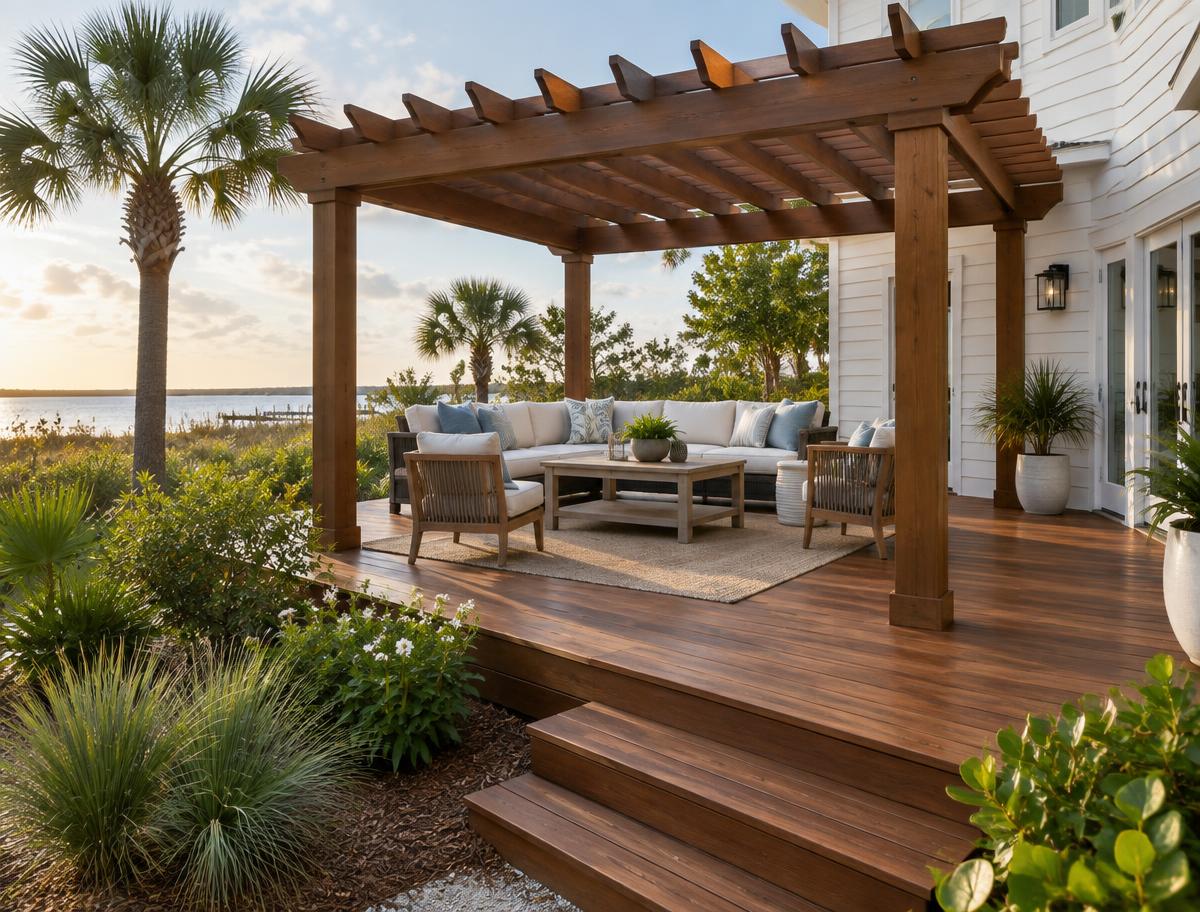 Stained wood deck and pergola at a coastal home