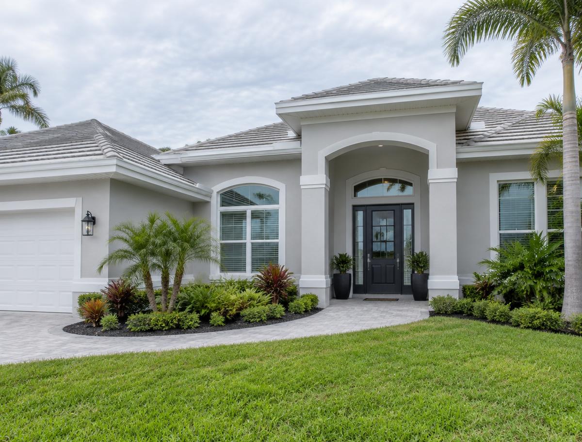 Florida home with warm gray stucco and white exterior trim