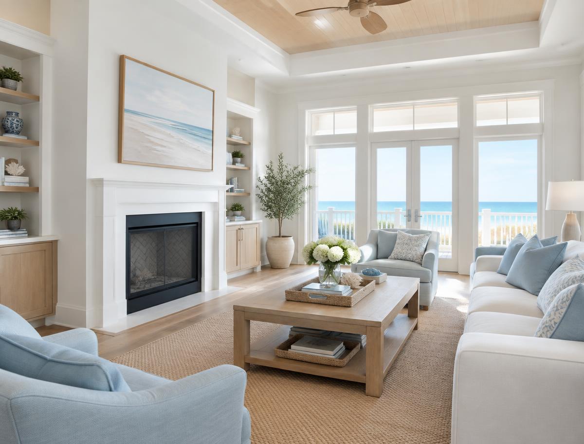 Bright coastal living room with freshly painted walls and trim
