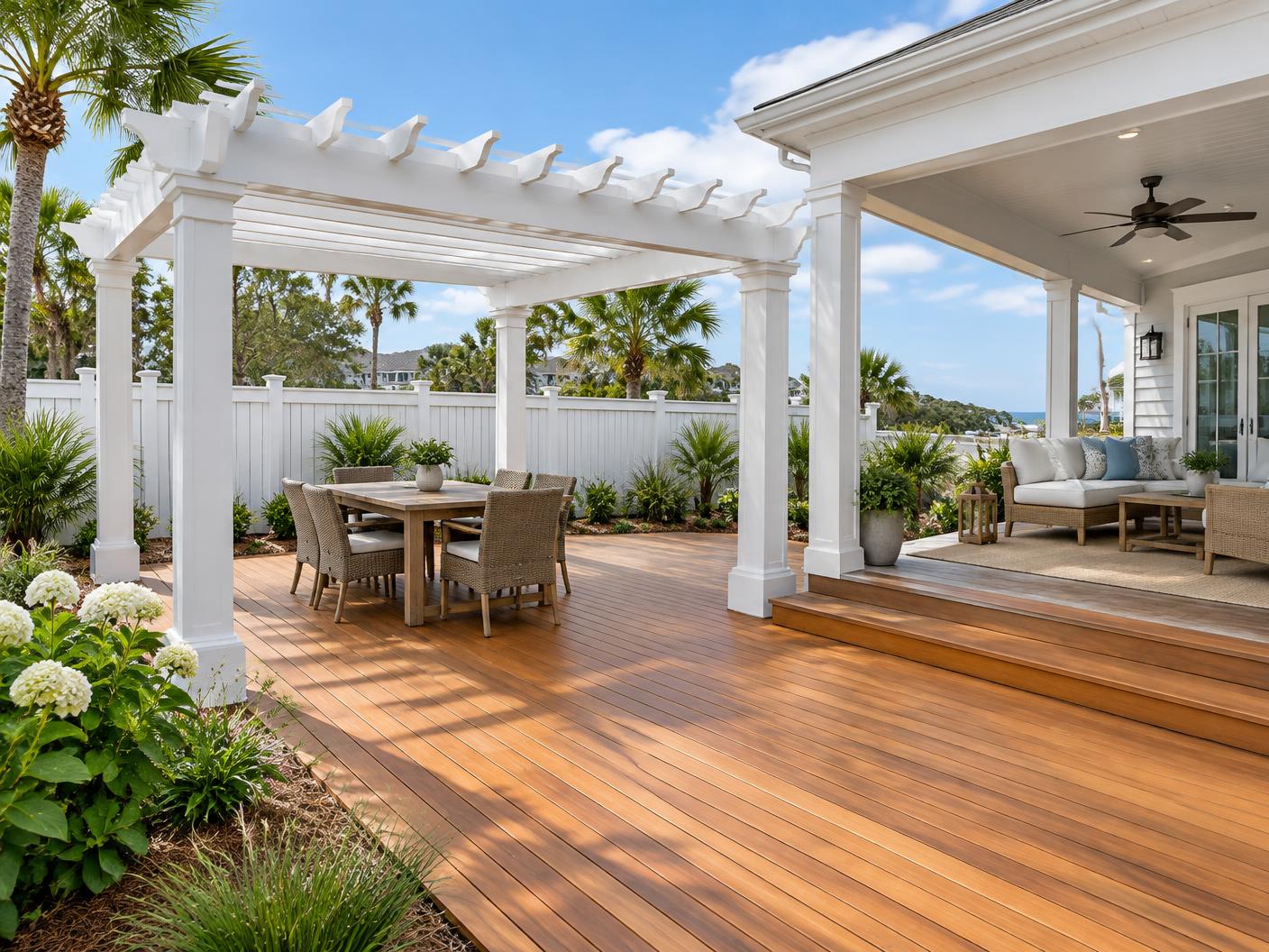 Coastal outdoor living space with a stained deck, painted pergola, and fence